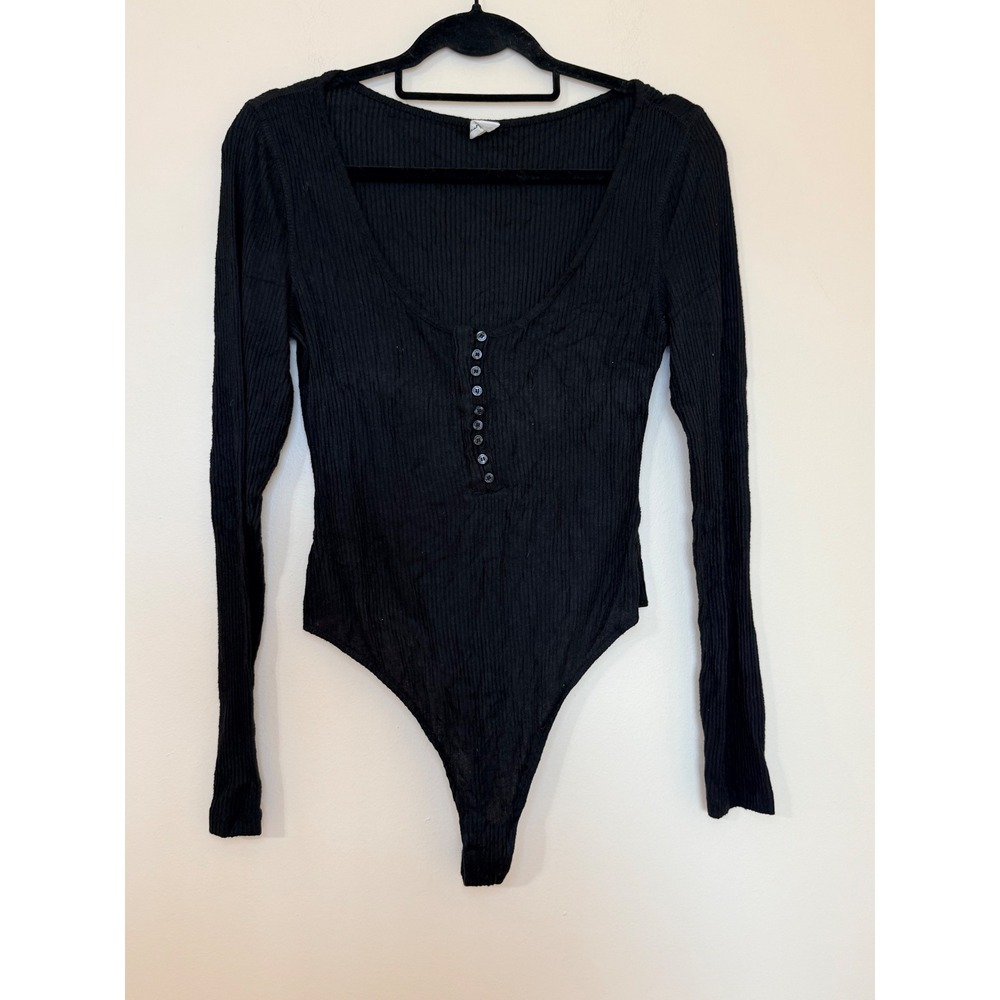 LA Hearts PacSun Black Ribbed Henley Bodysuit Long Sleeve Thong Back Medium